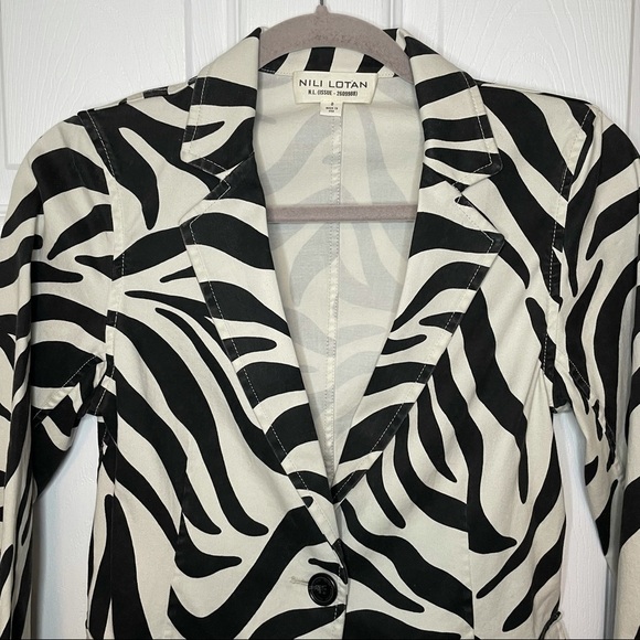NILI Lotan Zebra Print White & Black Addison Blazer Cotton Blend 0 - Picture 5 of 9